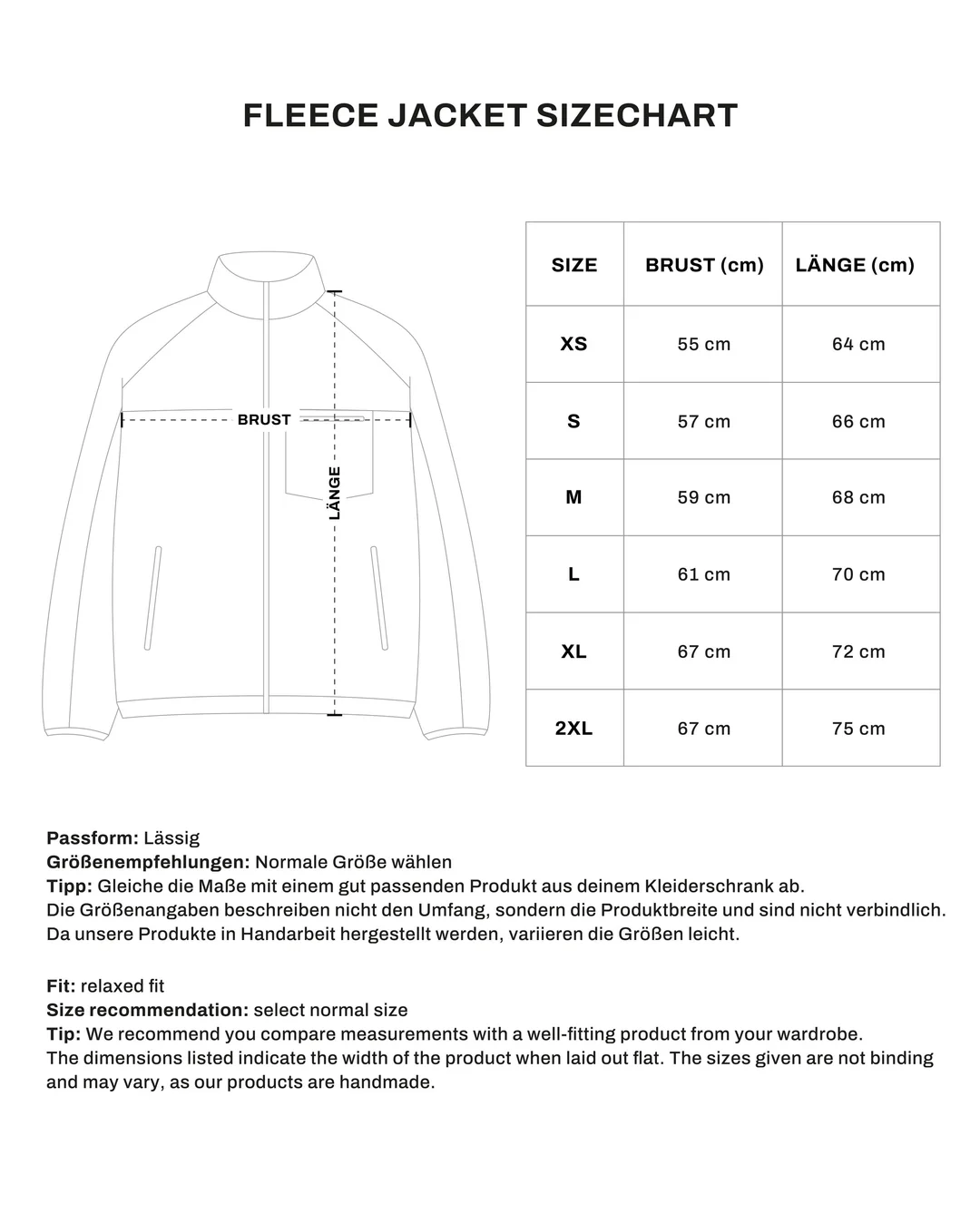 Fleece Jacket size chart