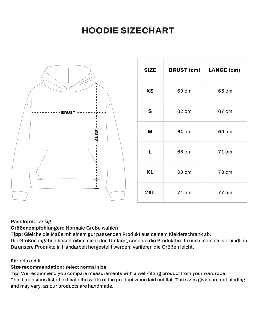 Hoodie size chart