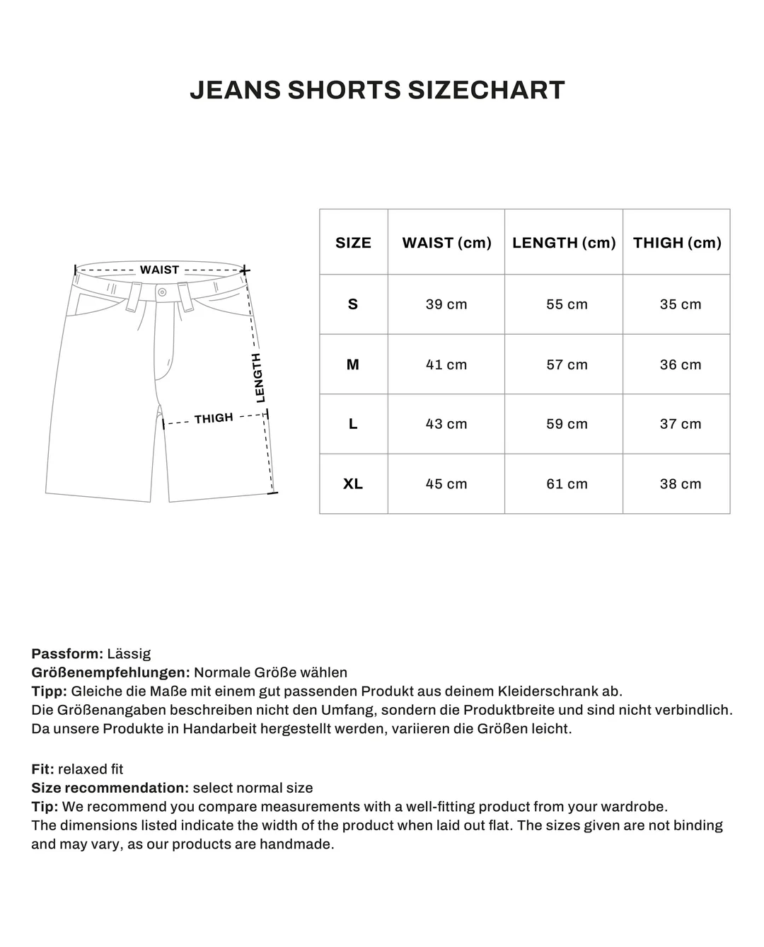 Jeans & Shorts size chart