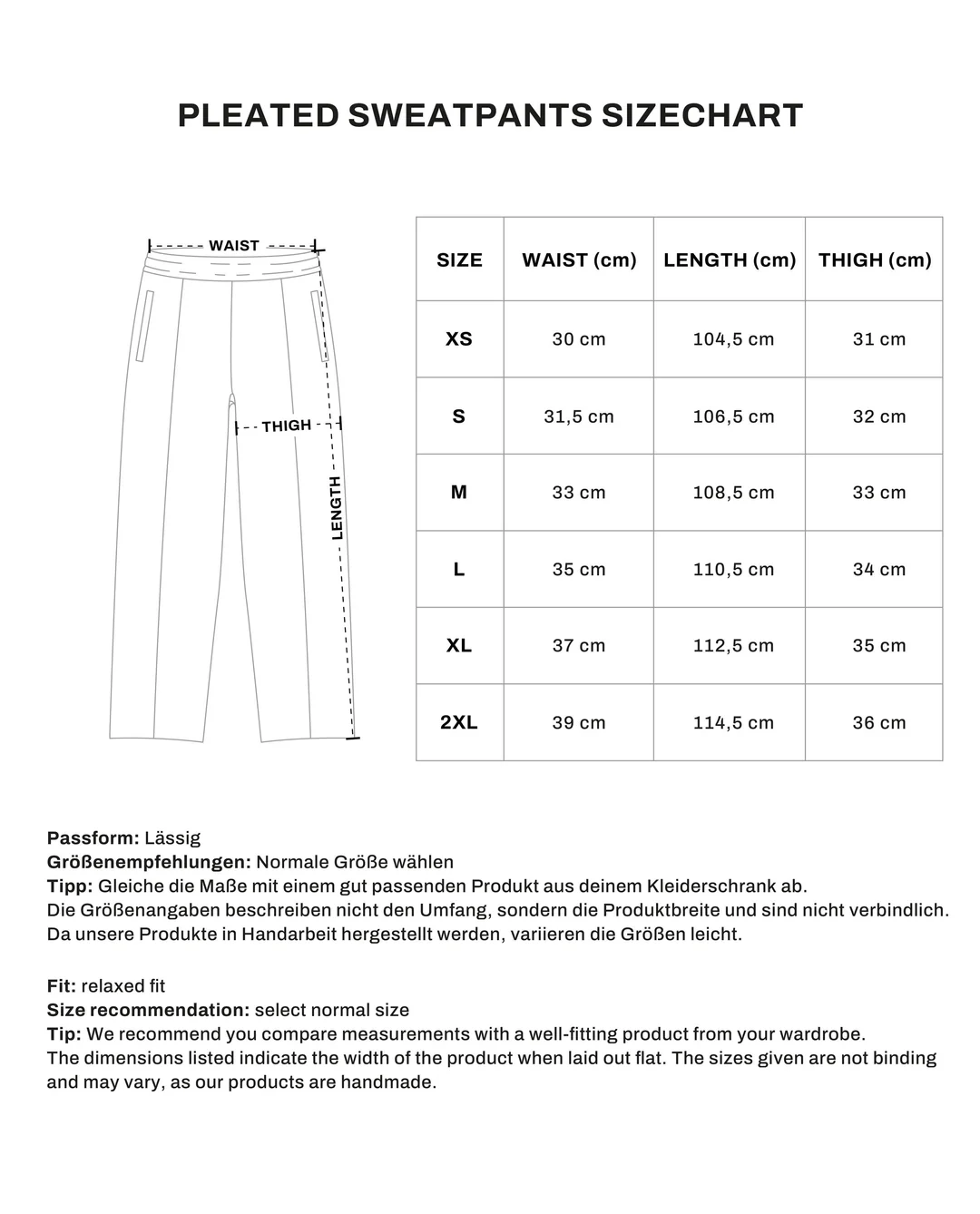 Pleated Sweatpants size chart