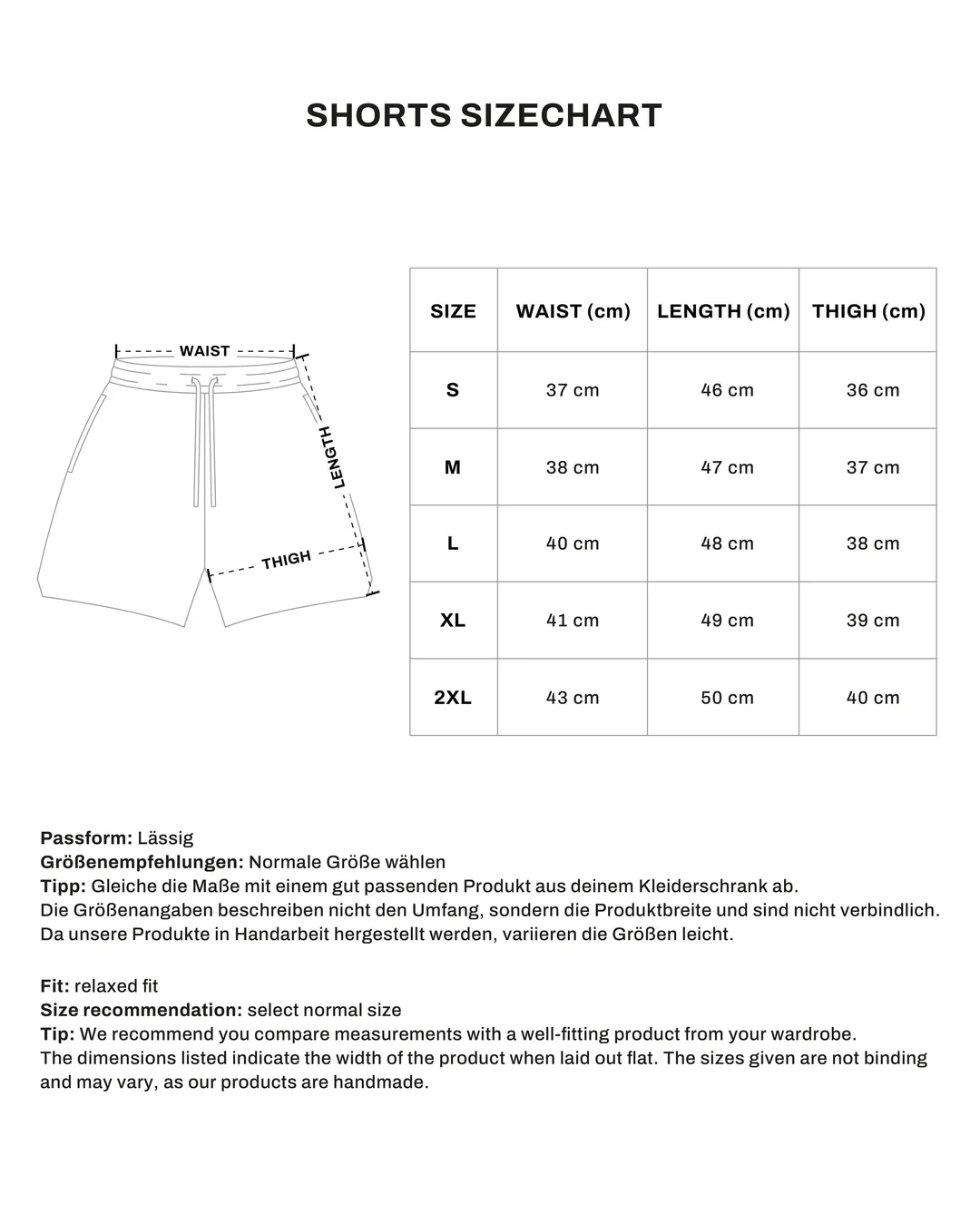 Shorts size chart