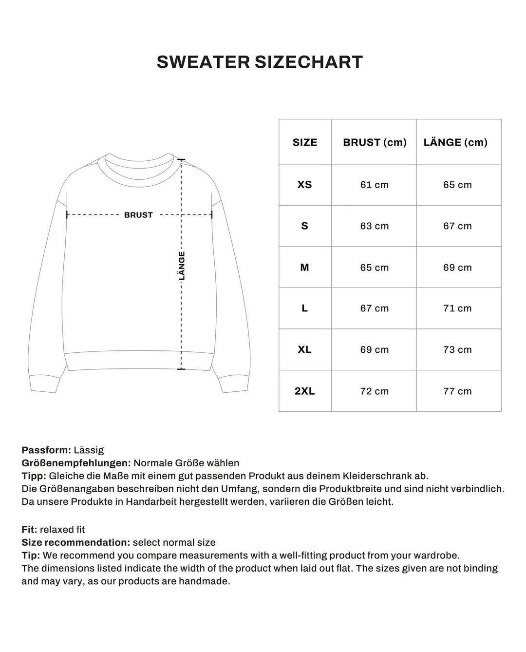 Sweater size chart