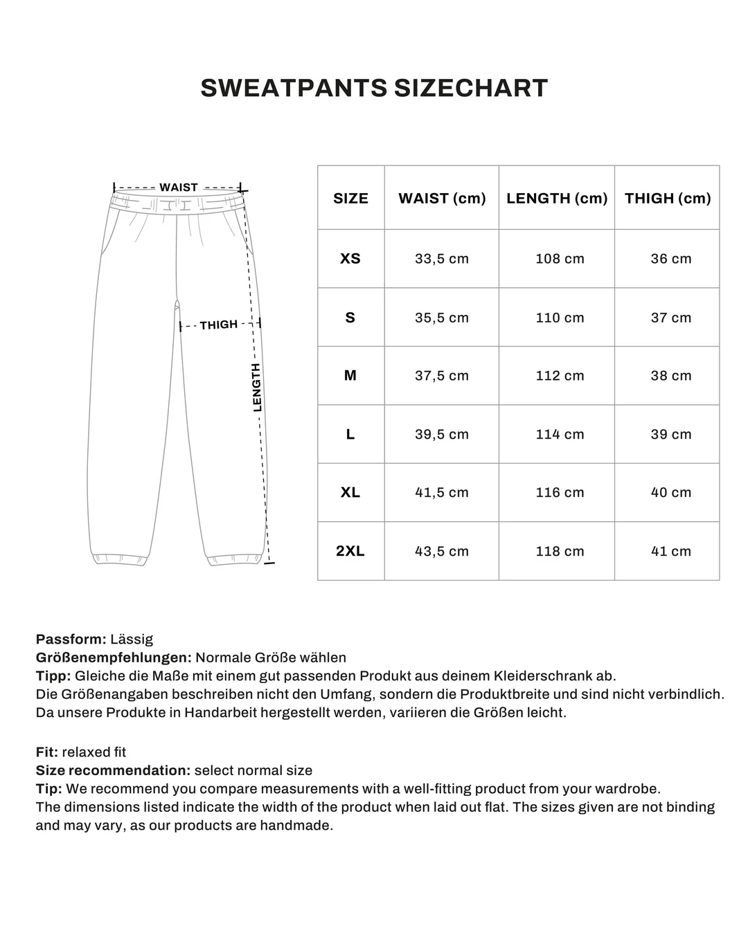 Sweatpants size chart