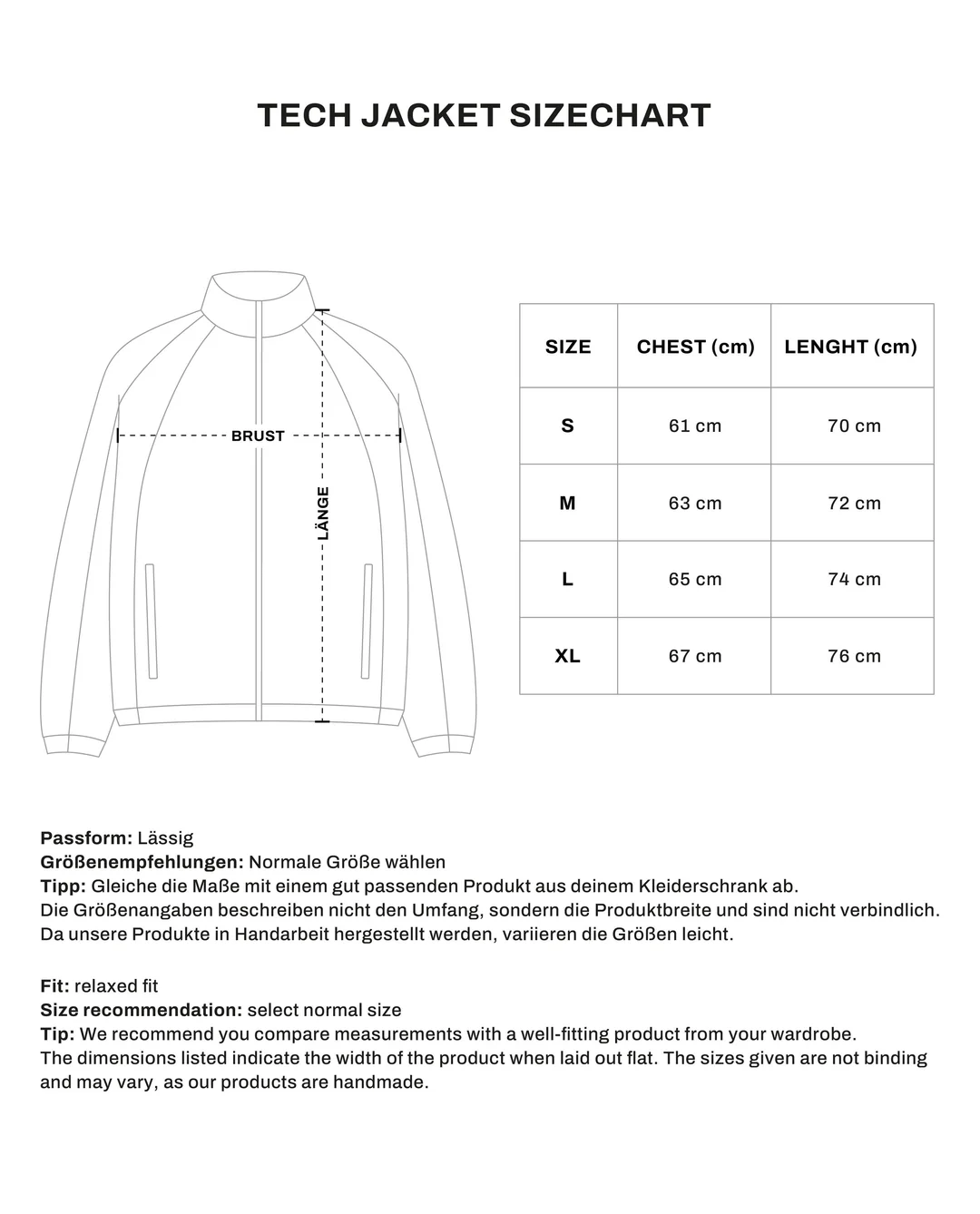Tech Jacket size chart