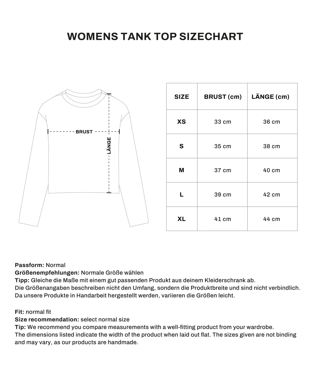 Women's Tank Top size chart