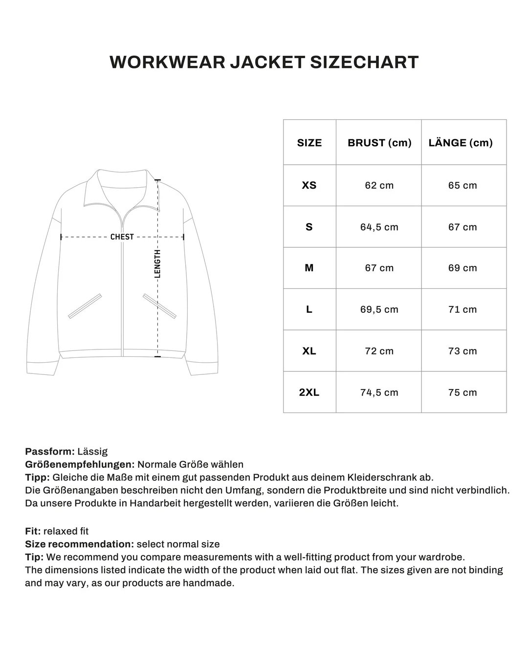 Workwear Jacket size chart