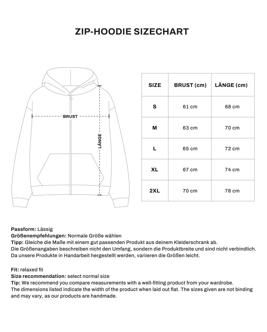 Zip Hoodie size chart